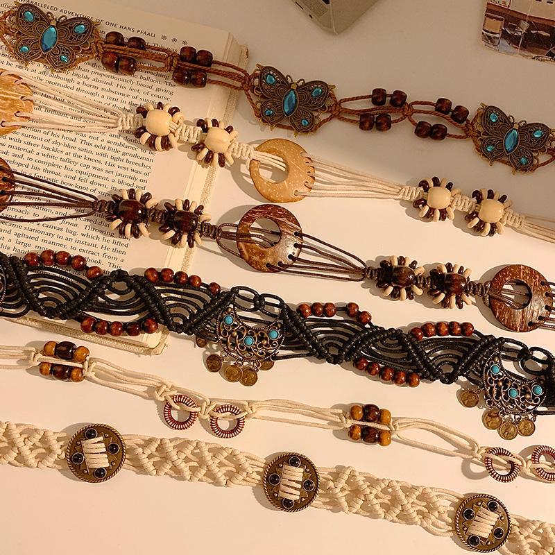 Bohemian Style Butterfly Blue Water Diamond Waist Woven Handmade Wooden Bead Belts Y2K Retro Belt Waist Chain Accessory Skirt
