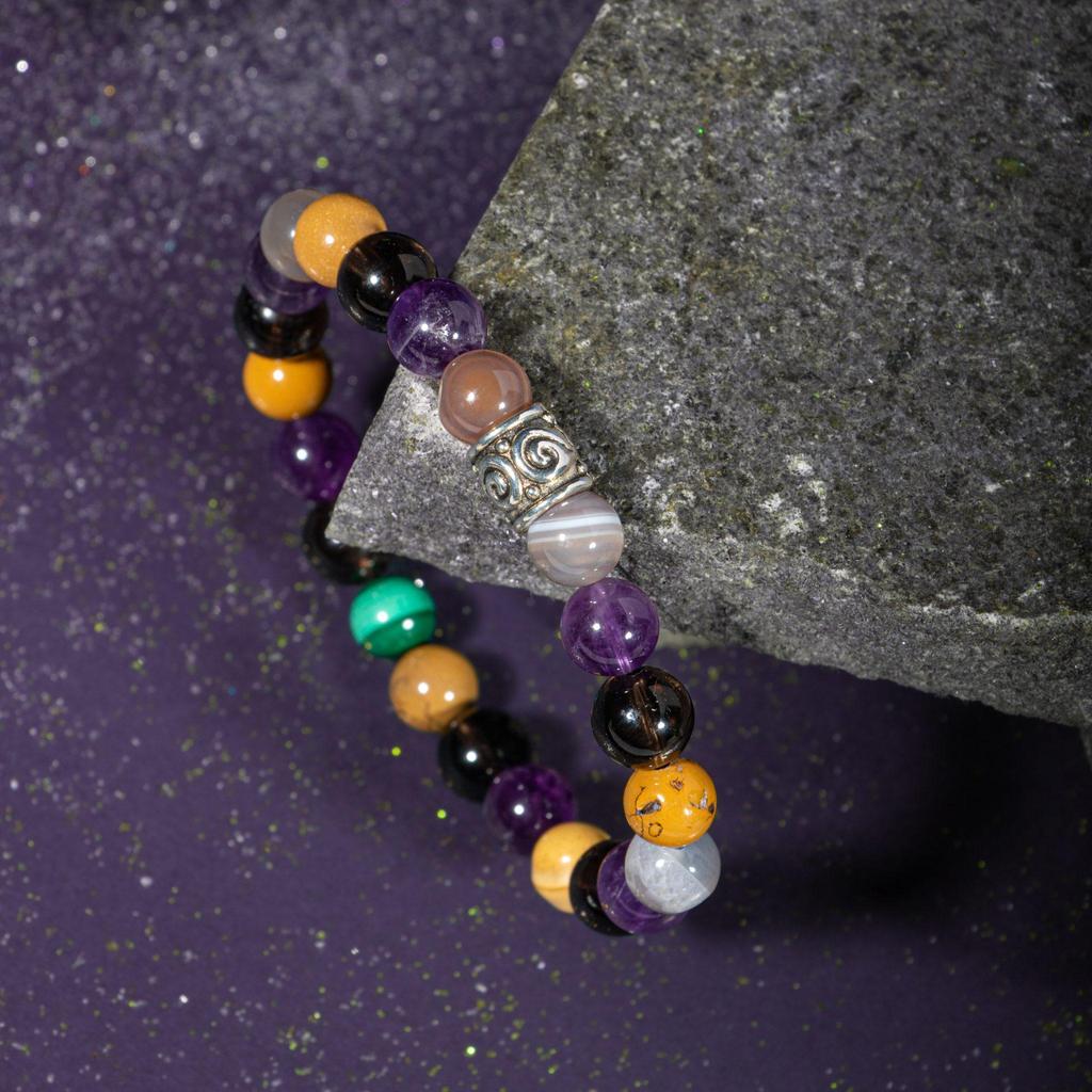 Bransoletka Koziorożec Kwarc dymny, Tygrysie oko, Czerwony Agat, Różowy Kwarc, Selenit