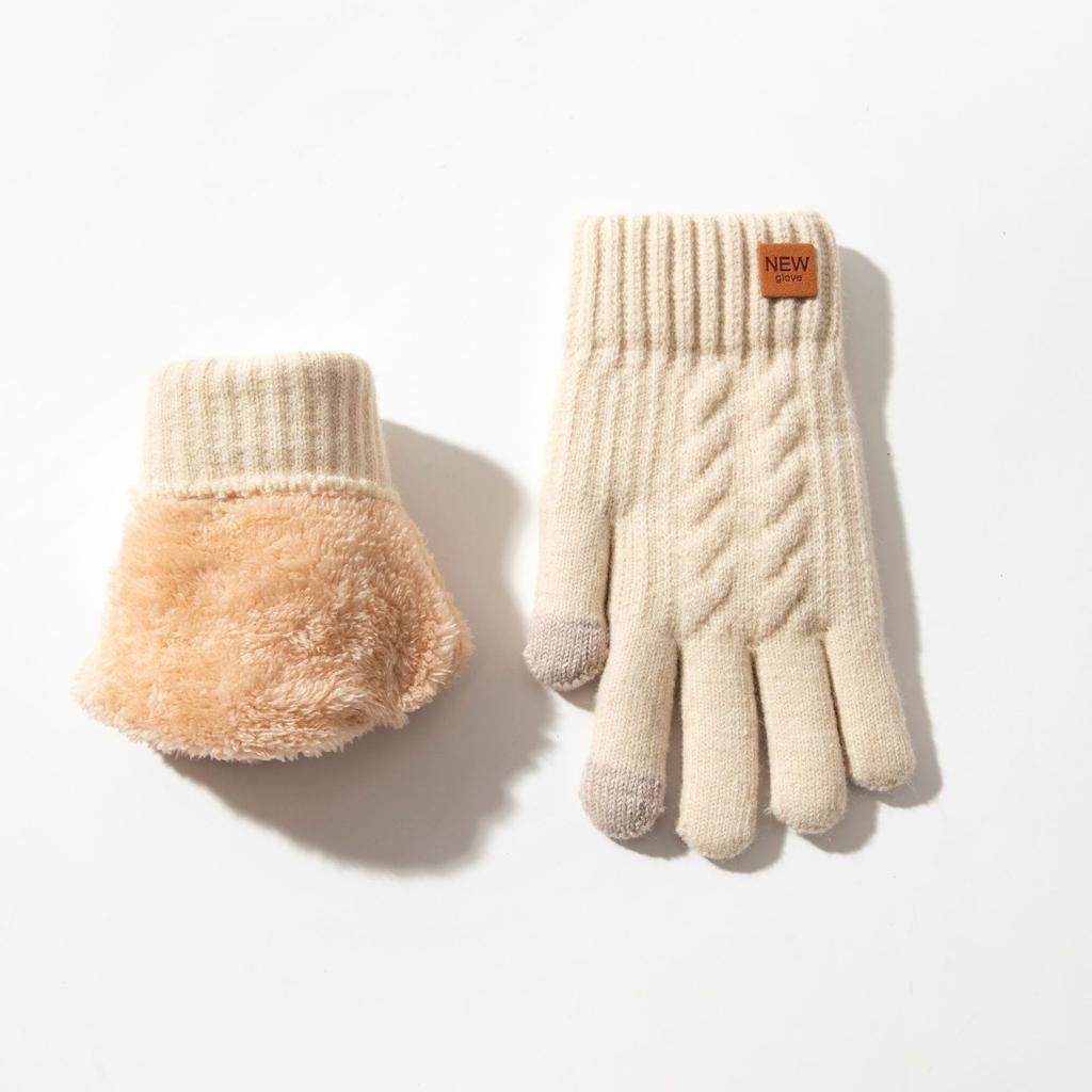 Touch Screen Gloves for Winter Warmth, Knitted with Thick Velvet, Windproof, Cycling, Men's and Women's Cold Resistant, Woolen, Simple Gloves