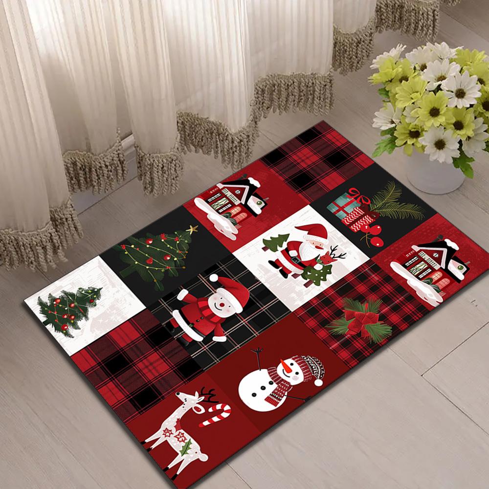 Festive Snowman & Santa Claus Area Rug - Crystal Velvet, Red Plaid with Holiday Patchwork Design, Perfect for Living Roo