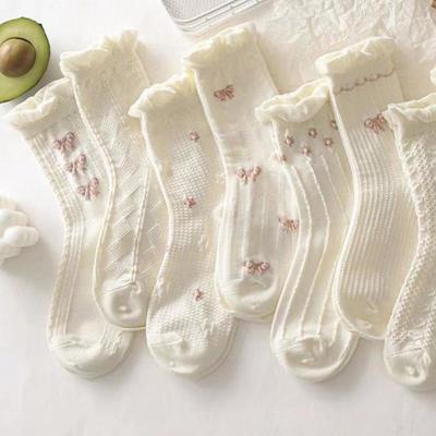 Koreanische Socken mit rosa Schleife und mittlerem Schlauch, JK Lolita, Baumwollsocken mit Spitzenrüschen für Frauen und Mädchen, weiß, Kawaii, Harajuku, Sommersocken