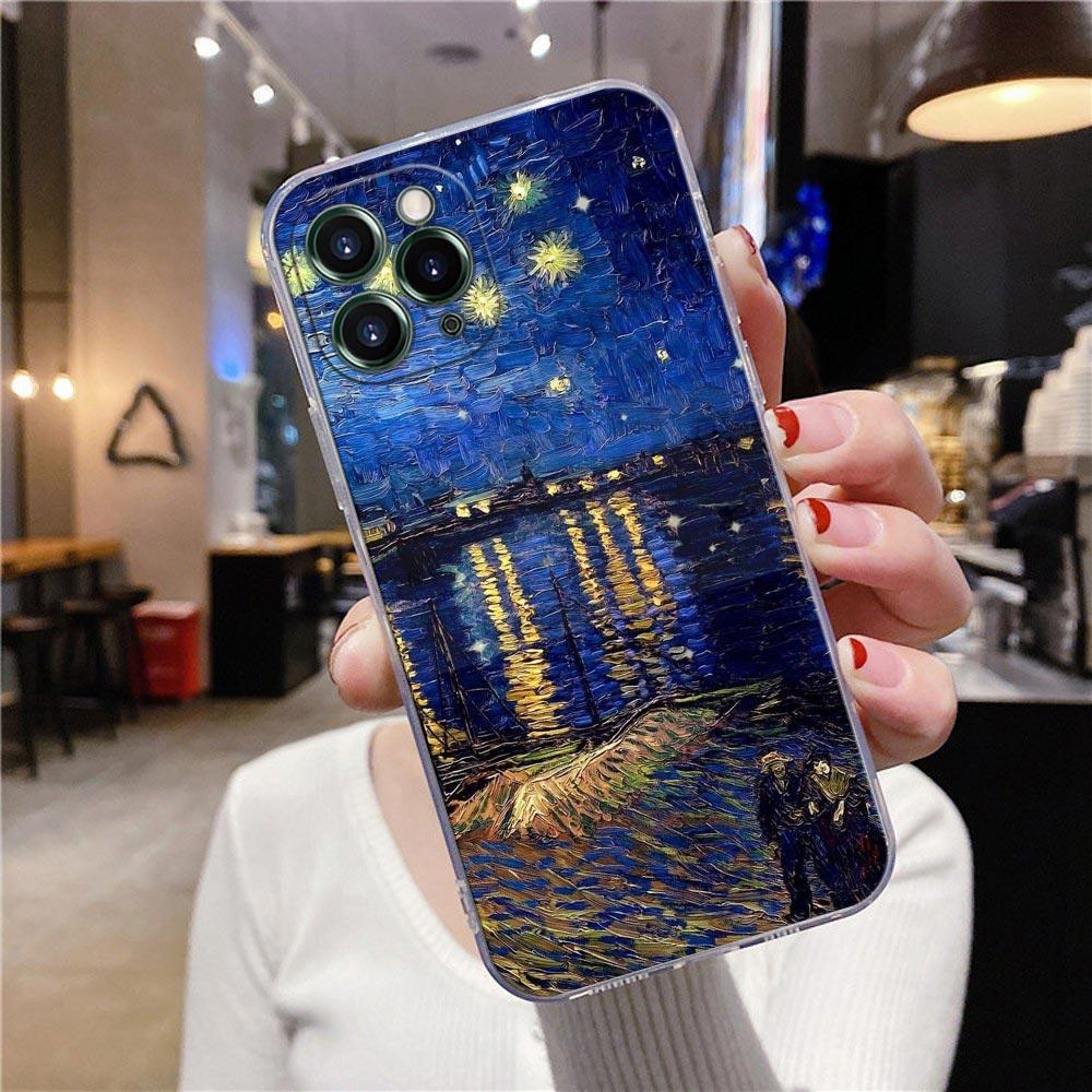 Starry Sky Van Gogh Oil Painting Sunflower Almond Blossoms Clear Phone Case For iPhone 15 13 11 12 14 Pro Max XS 7 8 Plus Covers