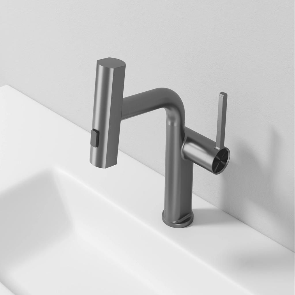 Brass Waterfall Bathroom Basin Faucet Gray/Brushed Gold Pull-out Washbasin Hot And Cold Mixed Basin Tap