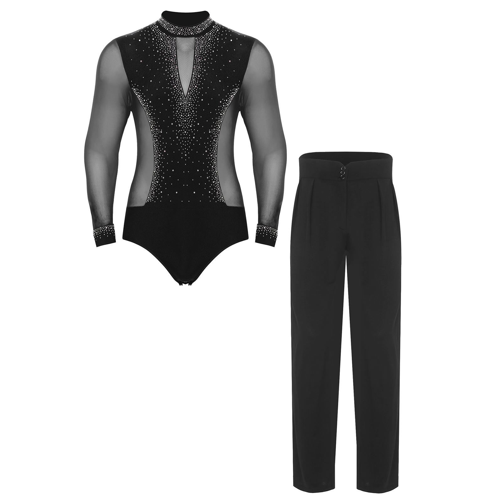 

Чоловічий костюм для латиноамериканських танців з коміром-стійкою, довгим рукавом, блискучими стразами та сітчастим леотардом-боді, штани з високою талією, комплект для ча-ча S чорний