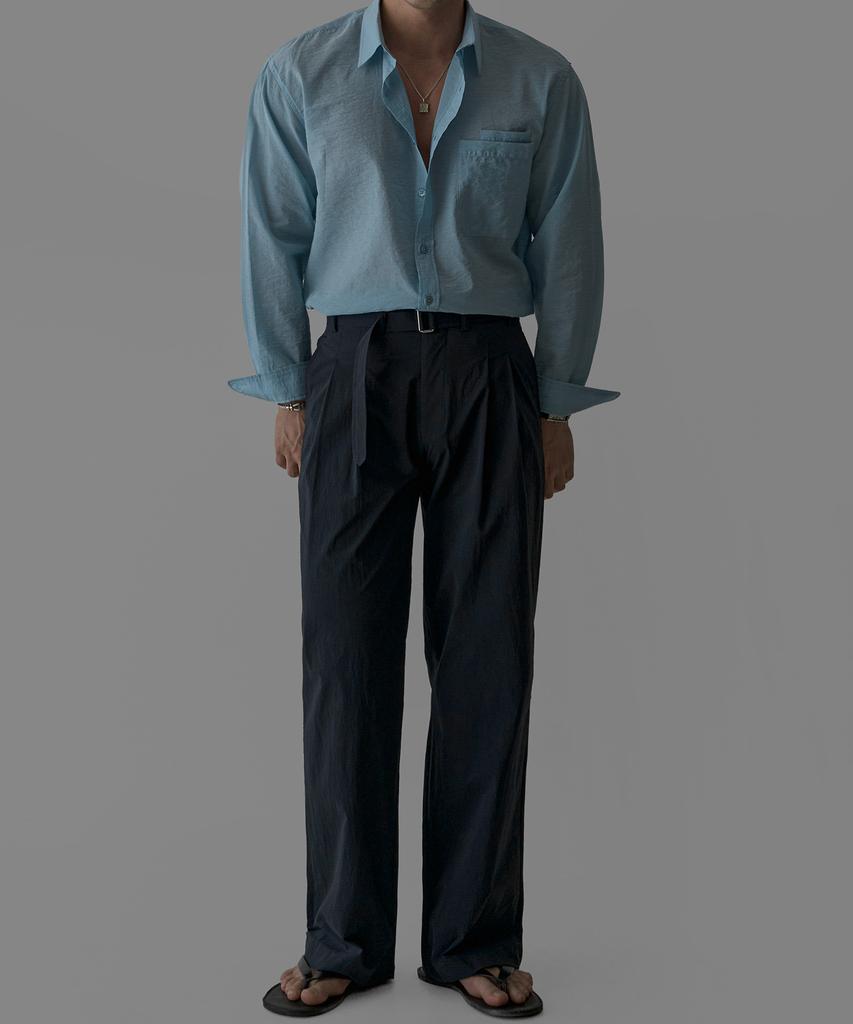 Baulopeulodeogteu Airy Belted Double-Pleat Pants [Navy]
