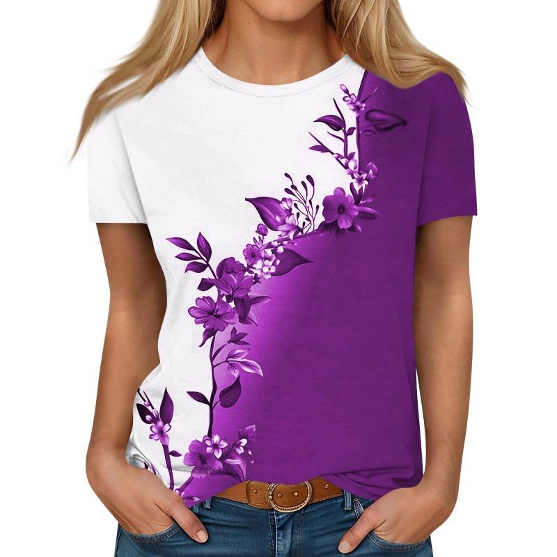 Sommer Mode Floral Color Block Gedruckt Damen Rundhals Kurzarm T-Shirt
