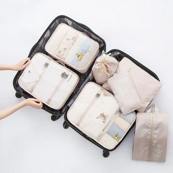 Eight-Piece Travel Organizer Set: Storage Bags & Makeup Bag for Clothes and Accessories.