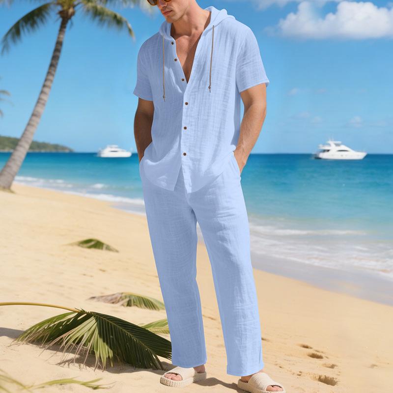 Men'S Color Casual Short Sleeved Pants Two,Piece Fashionable Set