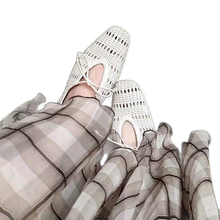 Cowhide version~ niche design hollow breathable half slippers women's 2025 new summer outer wear bow casual sandals