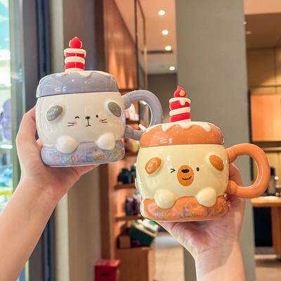 Super Beautiful Cake Water Cup Cute High-value Ceramic Mug with Lid Spoon Couple Coffee Cup Birthday Gift