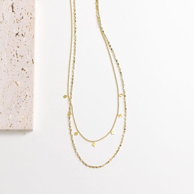 Double Layer Geometric Rhombus Sequin Pendant Necklace Women 18K Gold Plated Titanium Steel Hypoallergenic Fade-Resistant