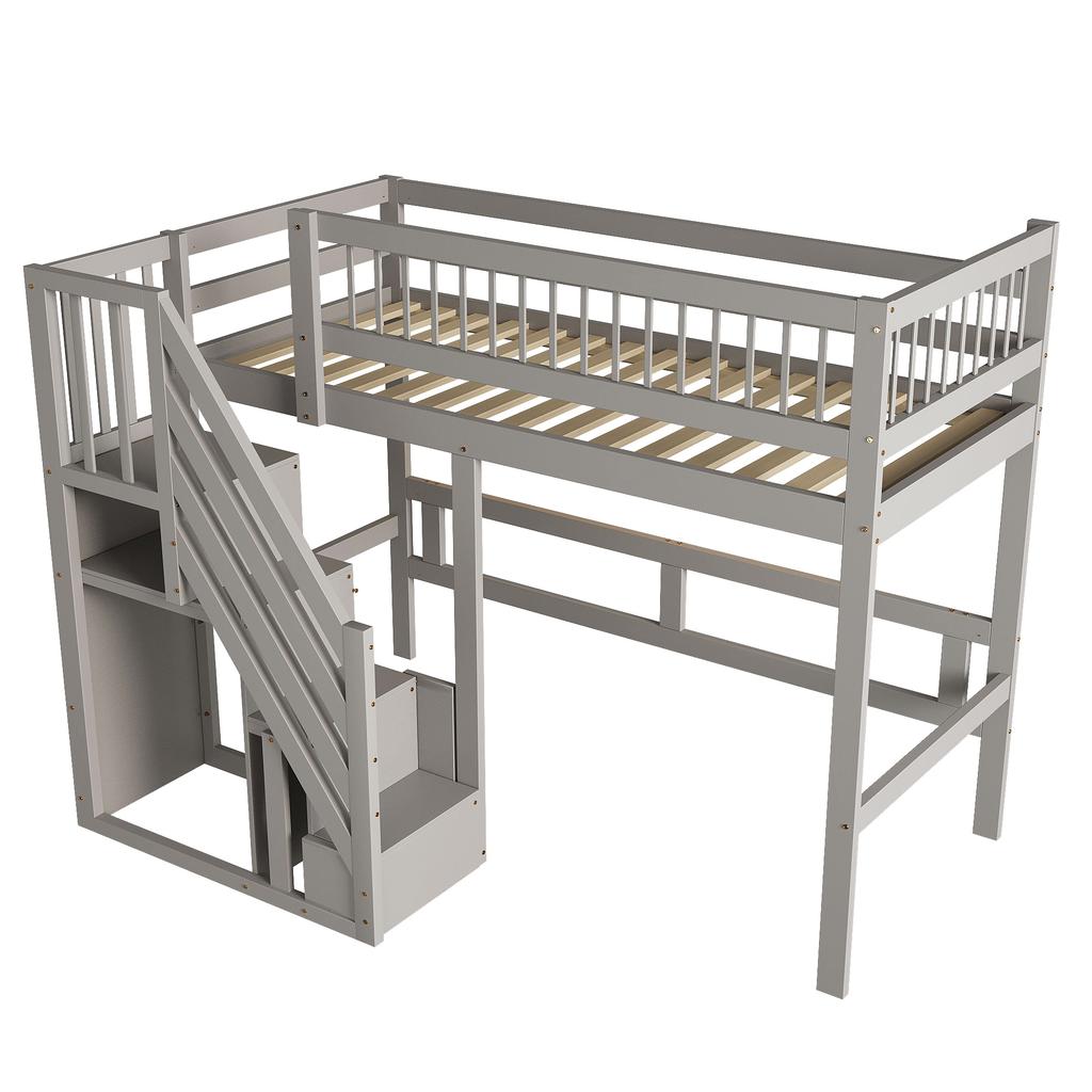 Letto in Legno Massello 90*200, Scaletta con Armadietto, Letto per Bambini, Letto per Ragazzi, Letto Singolo, Struttura in Legno Massello, Versione Alta, Grigio