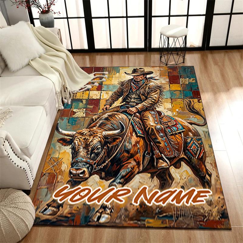 1PC Custom Name Rodeo Rider Bull Theme Floor Mat Ideal for Living Room, Game Rooms, Office, Bedroom,Floor Mat Playful Design