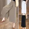 Women Summer Pants Elastic High Waist Wide Leg Long Pants Solid Color Slit Cuffs Loose Fit Skirt Pants Daily Wear