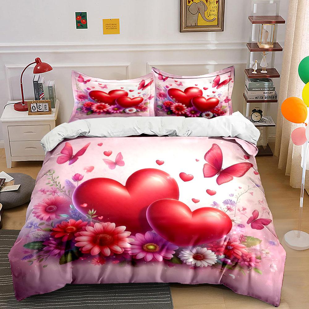 Romantic Hearts and Floral Set kid's and adults' bedroom decor, Exquisite three-piece bedding set gift