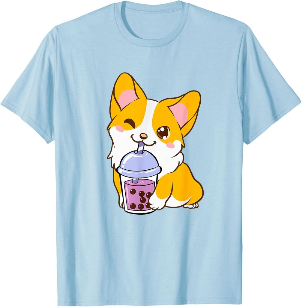 Kawaii Corgi Drinking Boba Tea Cute Dog Lover Graphic Tee Casual Short Sleeve T-Shirt