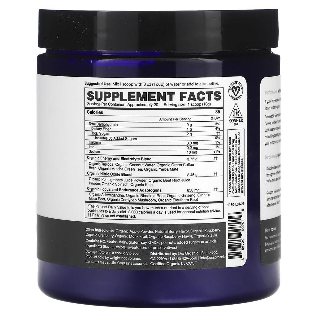 Renewable Energy, Pre-Workout Performance Boost, Beet & Pomegranate, 200G (0.44Lb)