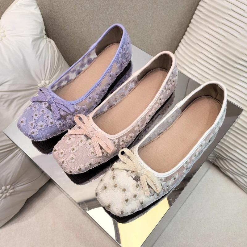Sweet Daisy Embroidery Design Brand Ballet Flats Women Cute Square Toe Bow Decorated Mary Jane Shoes Cozy Mesh Low Heel Loafers