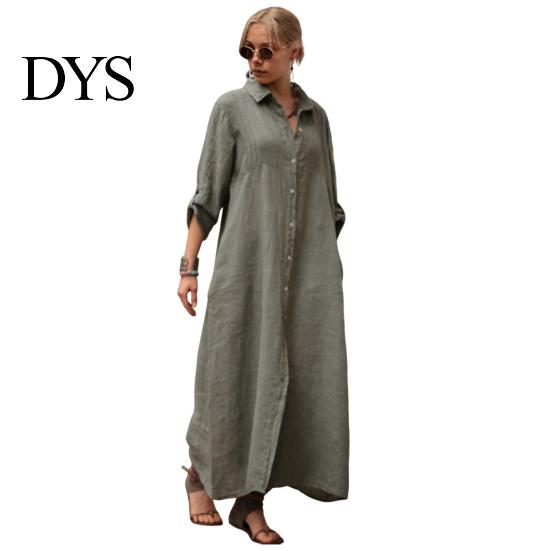 Spring Long Dress Summer Maxi Loose Turn-down Collar Sleeves Pure Color Casual Solid Single-breasted Cardigan OL Commute Daily Wear Women Lightweight