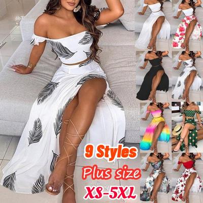Modisches, elegantes Zweiteiler-Set für Damen im Sommer, kurzes Oberteil und geteilter Rock, temperamentvolles Oberteil mit überschnittenen Schultern und gerüschtem Oberteil mit hoher Taille und geteiltem Kleid