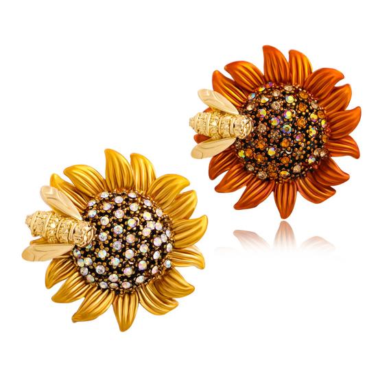 Stunning Pin Rhinestone Bee And Sunflower Brooch For Parties And Casual Wear Enamel