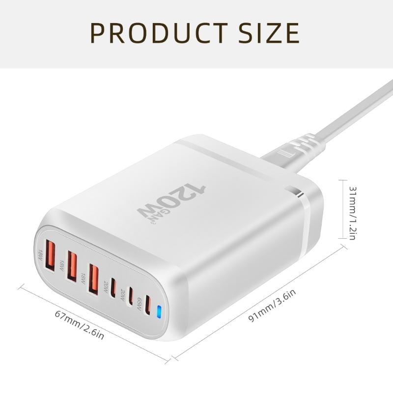 Multiple Port 3xUSB+3xType C Charging Station with 120W Output for Public Space and Travel Use
