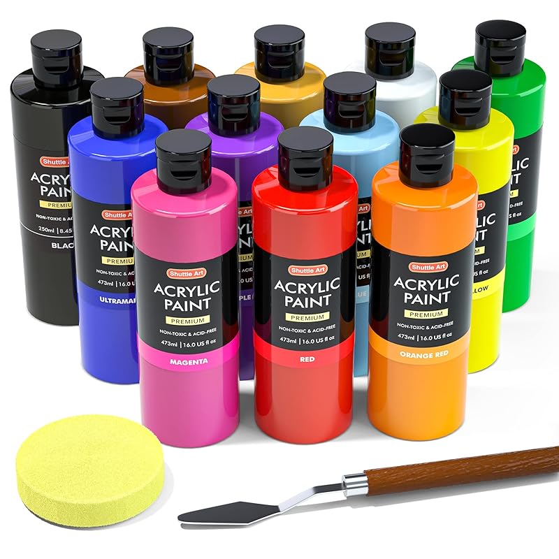 

Shuttle Art acrylic paint 12 colors 473ml large capacity paint set knife With sponge quick drying Water resistant Durability Good growth vivid bottle