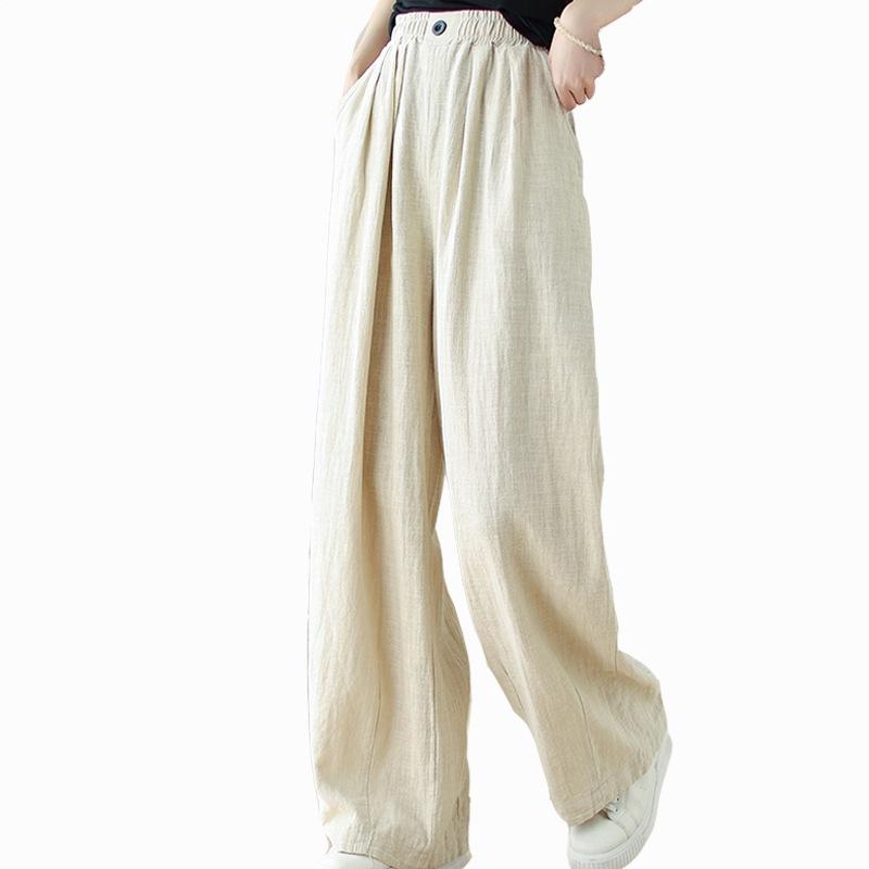 Solid Color Cotton and Linen Wide-leg Casual Pants Women's Spring and Summer 2025 New Loose Age-reducing Elastic Waist Retro Floor-mopping Trousers
