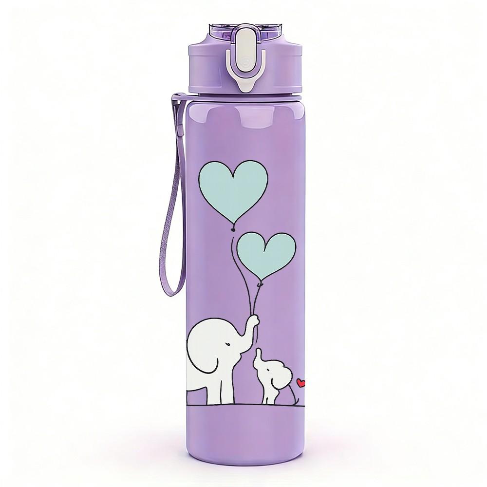 1PC Elephant Couple Heart Art 750ml Color Plastic Sports Water Bottle Leakproof Flip Straw Lid Suitable for Sports Office Home Use