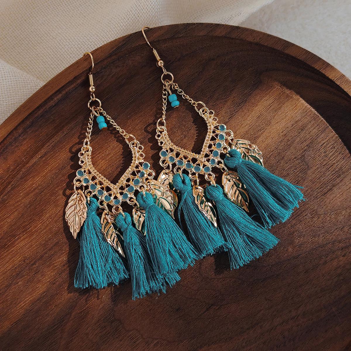 Bohemian Feather Tassel Seed Bead Earrings: Colorful Retro Ethnic Style, High-End Feel, Hollow-Out Design for Women.