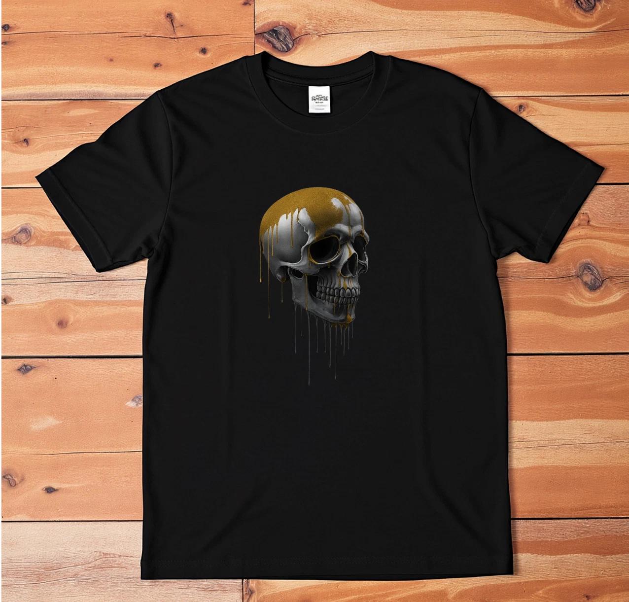 Dripping Gold Skull T-Shirt | Gothic Smoke Graphic Tee | Dark Horror Design XL