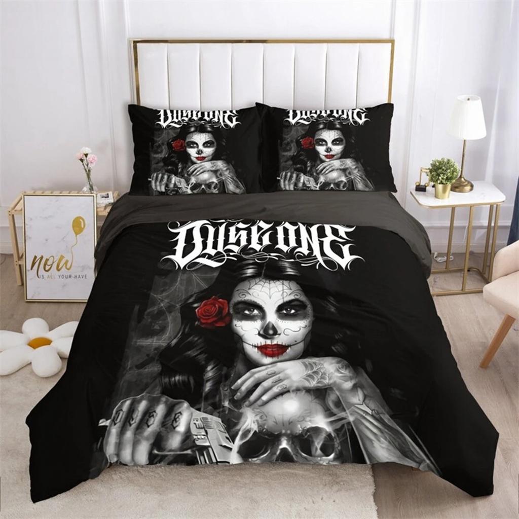 Sugar Skull Duvet Cover Gothic Skull Skeleton Bedding Set Horror Theme Comforter Cover Full King For Teens Adults Bedroom Decor
