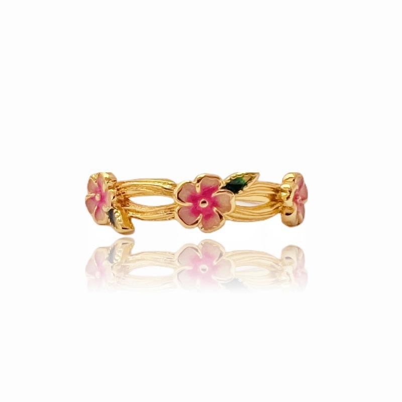 Medieval Enamel Peach Blossom Opening Ring Flower Light Luxury High Sense Niche Design Sense Fashion Retro Gold Ring