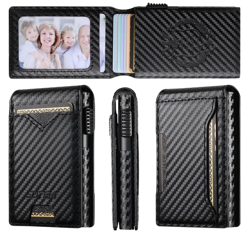 Men's High-Capacity Leather Card Holder with Automatic Pop-Up Mechanism