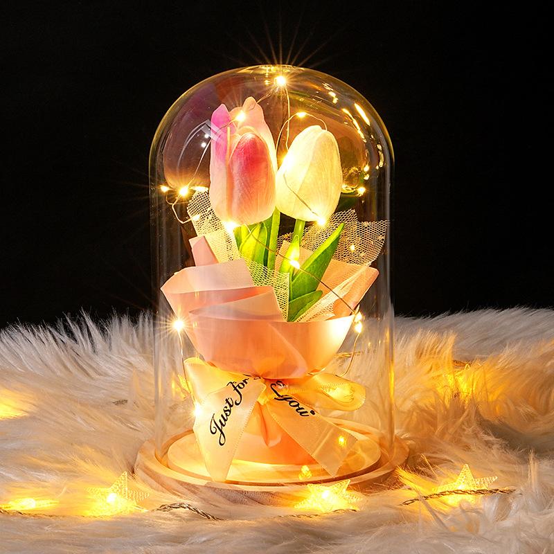 Tulip Glass Cover Flower Lamp Practical Birthday Gift Ornament Decorative Gift Teachers' Day Valentine's Day Eternal Flower Lamp