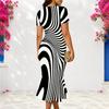Women Plus Size V Neck Short Sleeve Black White Printed Fishtail Dress