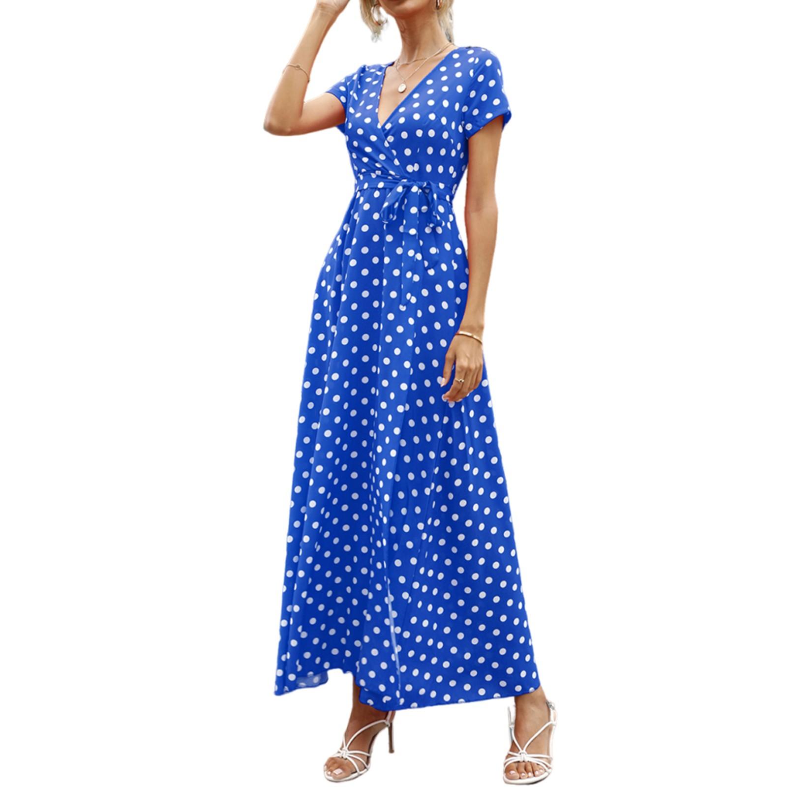 

Women s Dresses Casual Elegant Waisted Polka Dot Split V-Neck Short Sleeve Dresses L синій