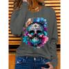 Halloween Colorful Skull Floral Pattern Sports Casual Party Loose Cute Elegant Fashionable Elastic Home Casual Round Neck Long Sleeve Top
