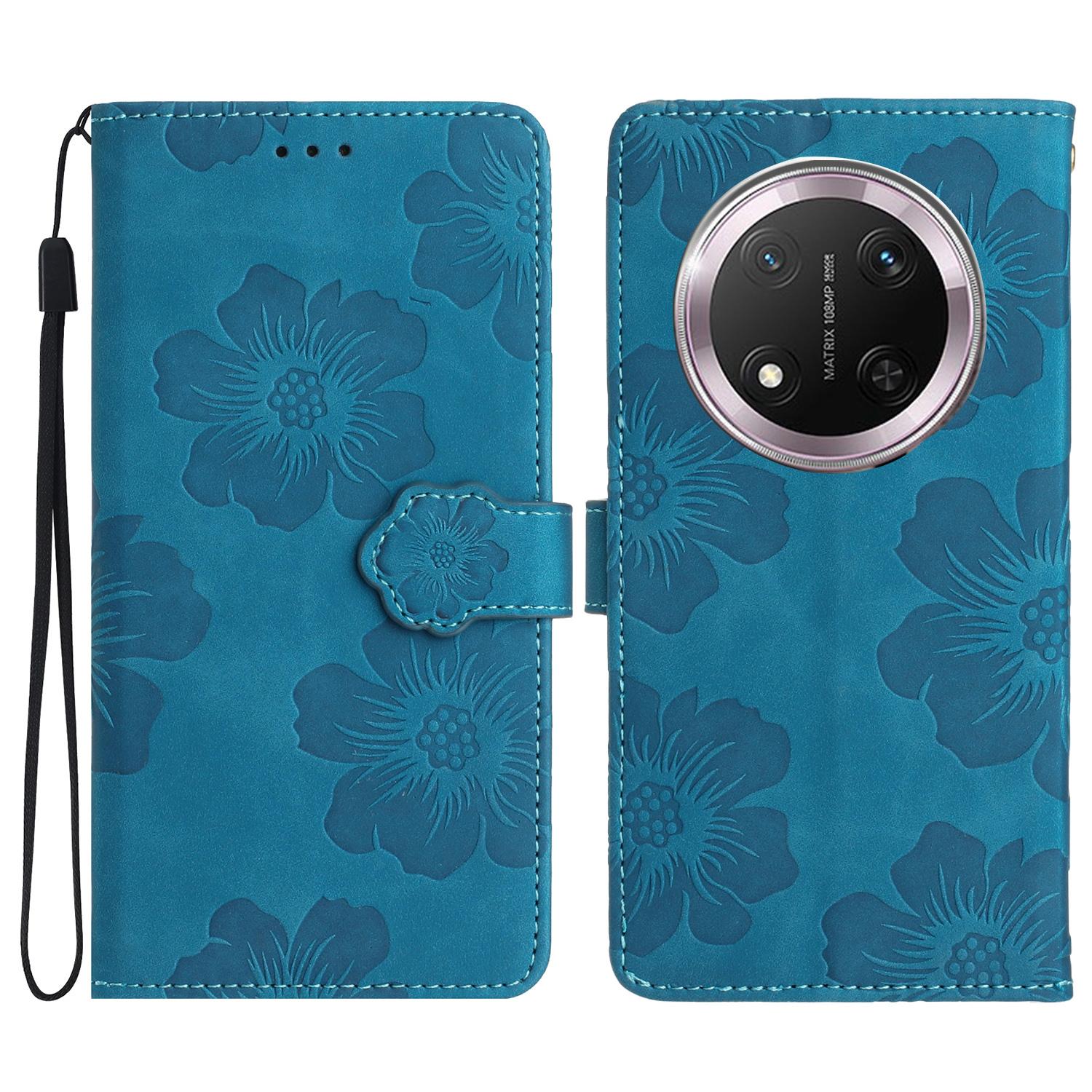 

For Honor X9c 5G Case Flower Design Leather Wallet Phone Cover with Wrist Strap Blue