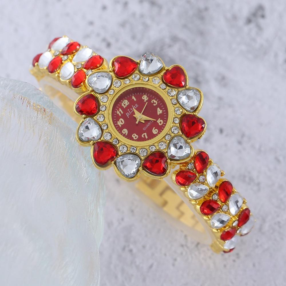 Women Heart Rhinestone Watches Flower Dial Bracelet Strap Quartz Watch Clock