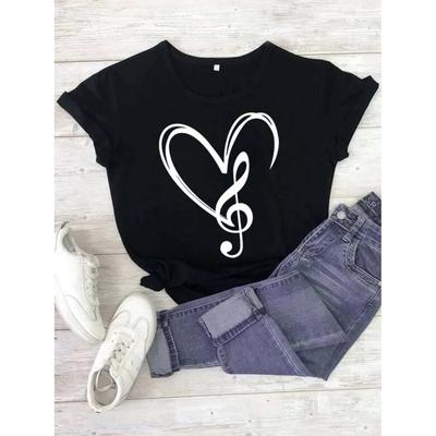 Mode Damen T-Shirt Musikalische Note Aufdruck T-Shirt Lässig Schwarze Oberteile 90er Jahre Damen Mädchen T-Shirt Weiblich Harajuku Grafik T-Shirt