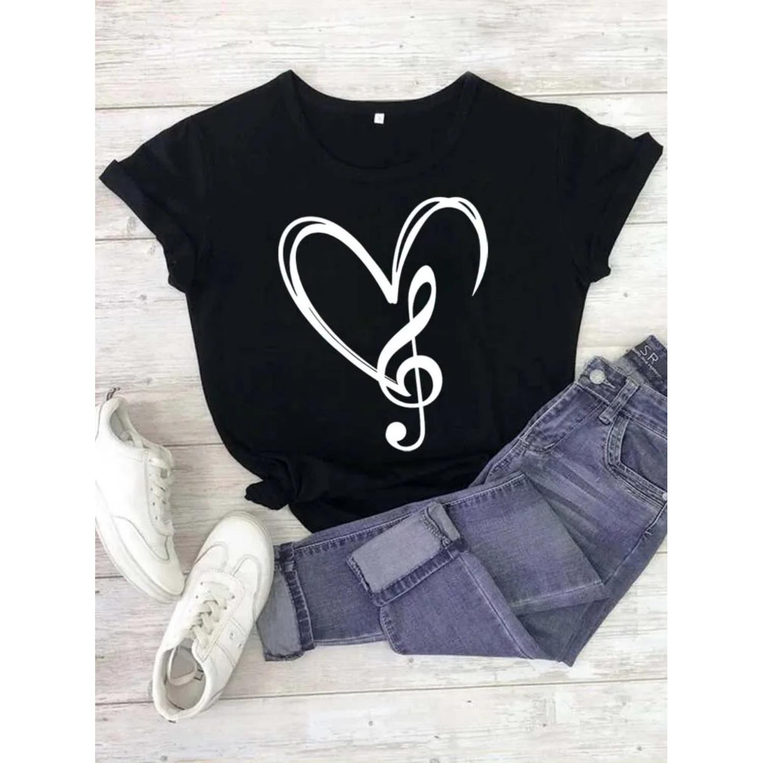 

Модная женская футболка с принтом нот, повседневные черные топы, женская футболка в стиле 90-х, женская футболка Harajuku с графическим принтом S чёрный