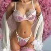 Sexy French Style Lace Satin Lingerie Set: See-through Push-up Bra with Two Panties
