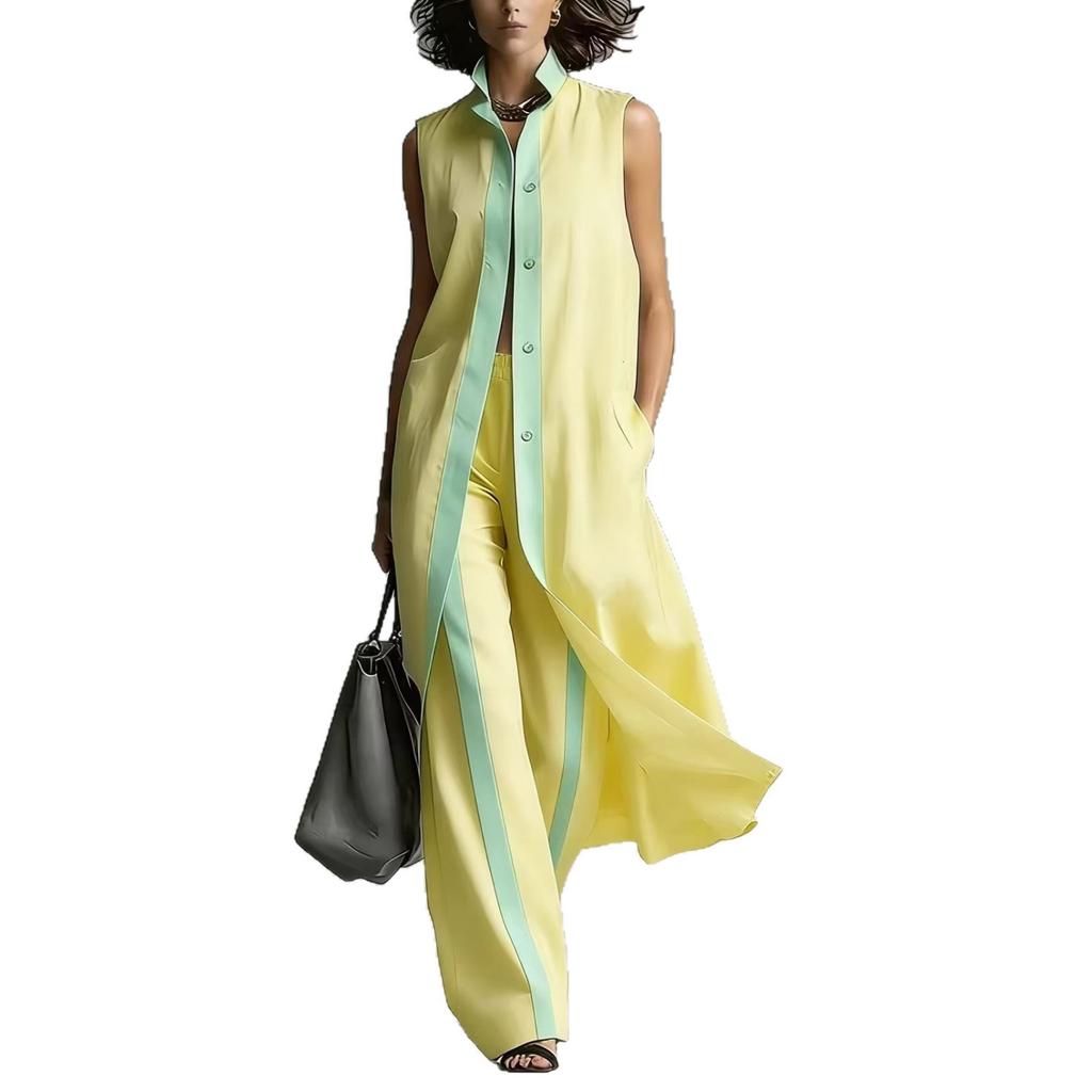 Women Sleeveless Longline Vest And Wide Leg Pants Set Contrast Color Casual Loose Fit Summer Outfit
