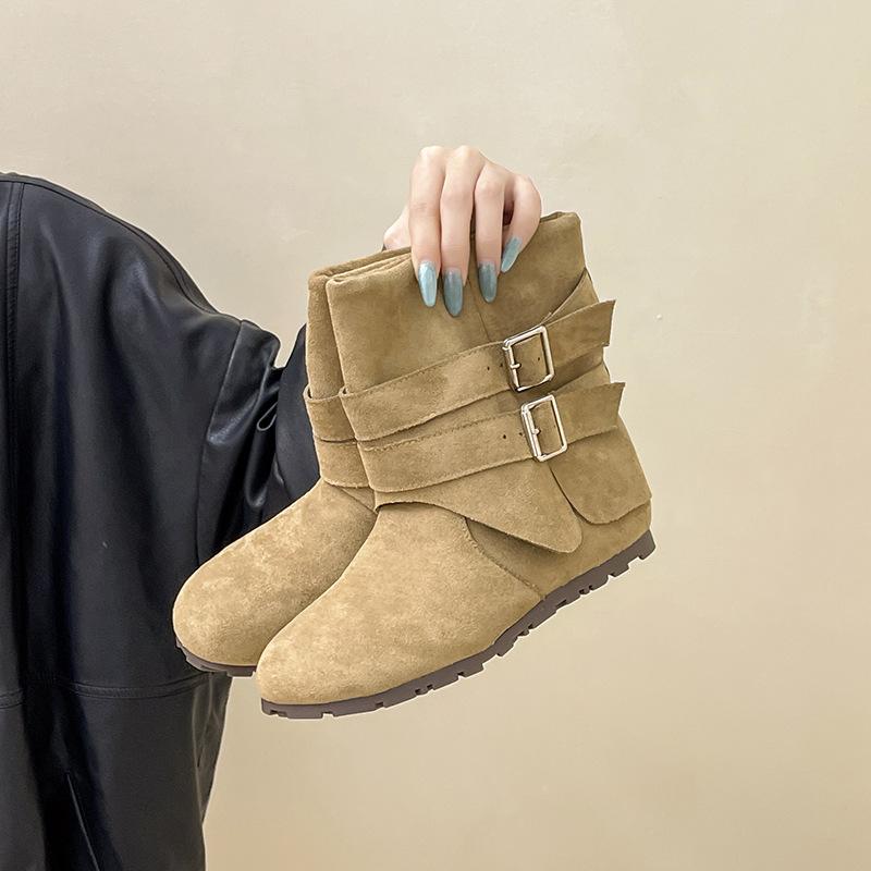 Retro European and American style double buckle with buckle western short boots women's autumn and winter fashion suede versatile short boots fashion