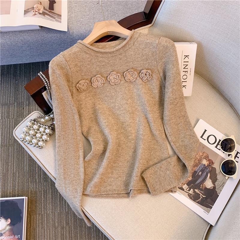 Весенний новый дизайн нишевый тонкий свитер с цветочным узором тонкий внутренний базовый вязаный свитер-топ XL хаки 3790₽