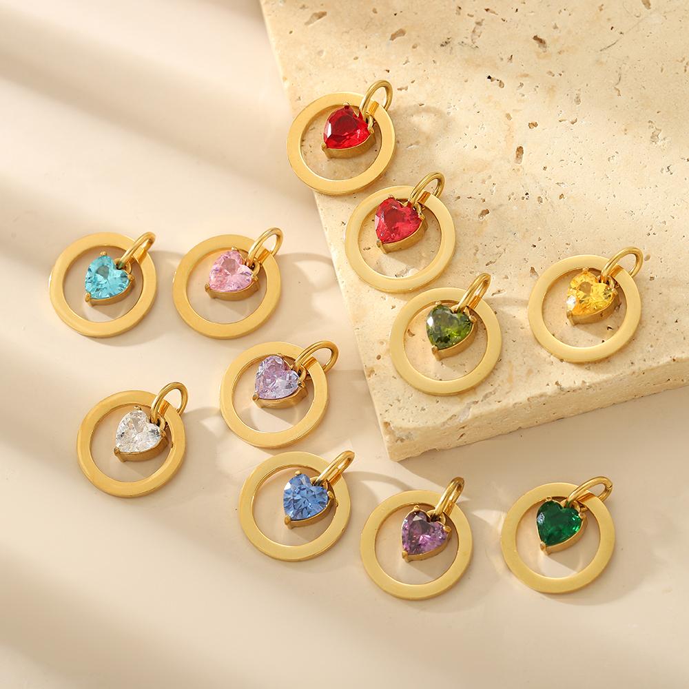 CARLIDANA Dainty Stainless Steel Crystal Charms for Jewelry Making Women Necklace Round 12 Zircon Birthstone Heart Pendants