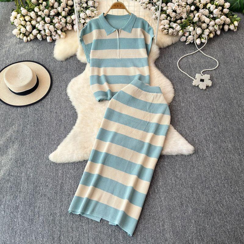 

Korean Style Casual Anti-Aging Outfits Women s Loose Easiest for Match Polo Collar Contrast Color Stripes Knitwear Skirt Women s Two-piece Set Lake Blue All yards