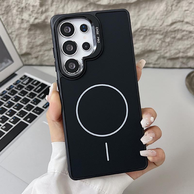 For Magsafe Magnetic Luxury Solid Color Liquid Silicone Lens Bracket Phone Case For Samsung S25 Ultra S24 Ultra Bumper Cover