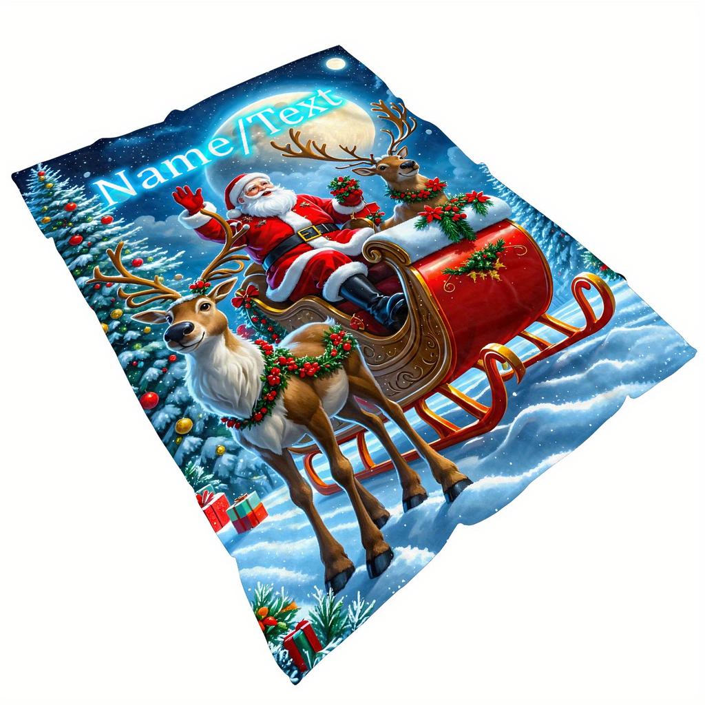 [1pc Christmas Throw Blanket] Soft Custom 1pc Christmas Santa Claus Reindeer Sleigh Snowy Scene Flannel Throw Blanket | 3D Digit
